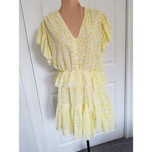 70F/21C Women's Yellow Multi Floral Print Ruffle Sleeve V-Neck Mini Dress M